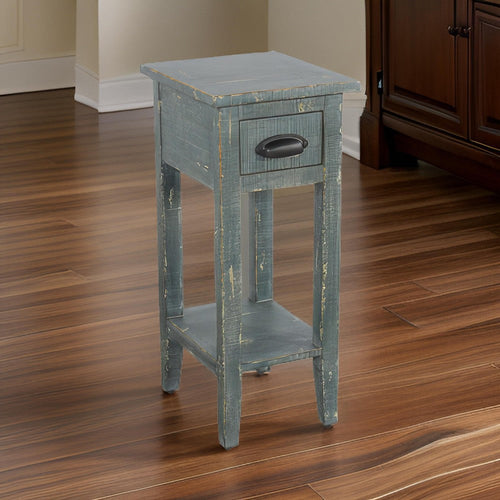 Rena Chairside Table, Drawer and Shelf, 14" Rustic Green Mahogany Wood