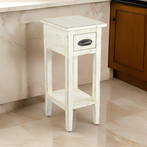 Rena Chairside Table, Drawer and Shelf, 14" Rustic White Mahogany Wood