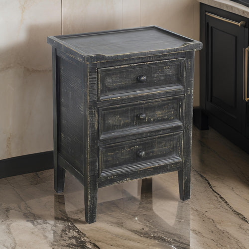 Rena End Table with 3 Drawers, 19" Distressed Black Mahogany Wood