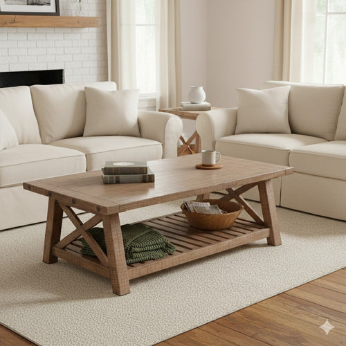 Anva Coffee Table, Light Brown Mahogany Wood, Shelf, Rectangular 52"