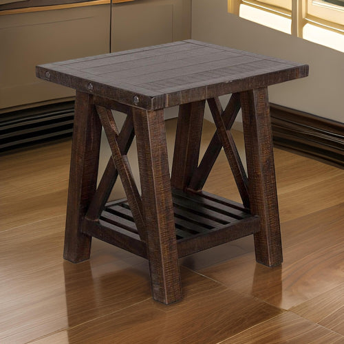 Anva Side End Table, Dark Brown Mahogany Wood, Shelf, Rectangular 24"