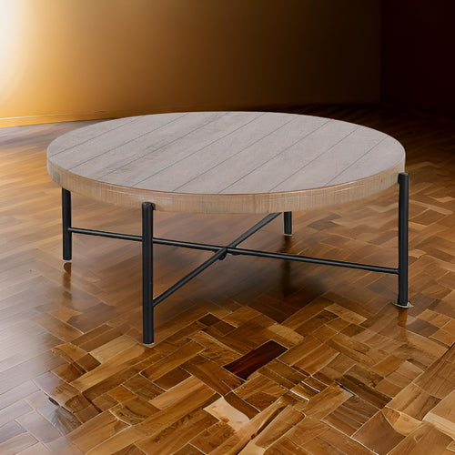 Reena Coffee Table, Light Brown Mahogany, Black Metal Frame, Round 39"