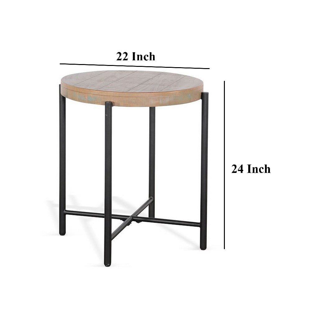 Reena Accent Chairside Table Light Brown Wood Black Metal Round 22’’ BM325485