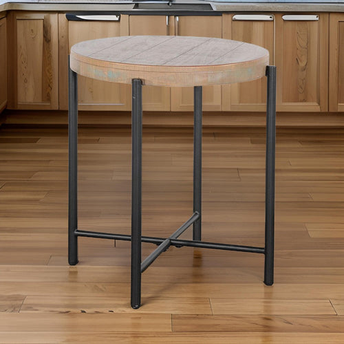 Reena Accent Chairside Table, Light Brown Wood, Black Metal, Round 22"