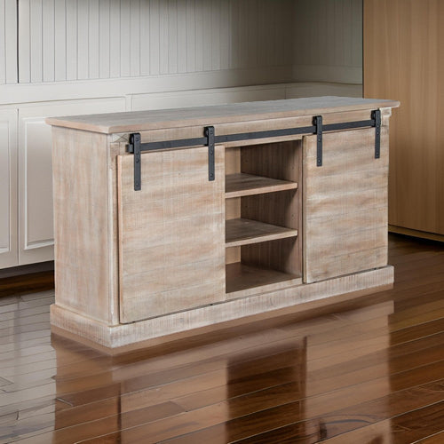 Zena TV Media Console, 3 Shelves, 2 Barn Doors, Taupe Wood, 65" Top