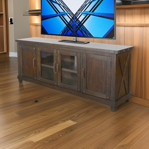 Anva TV Media Console, Shelves, Doors, Dark Brown Mahogany, 74" Top