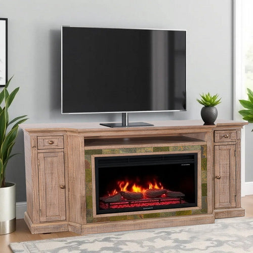 Desy TV Media Entertainment Console, Slate Inlay Light Brown Wood 72"