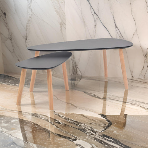 2 PIece Accent Coffee Table, Nesting, Black MDF, Brown Tapered Legs