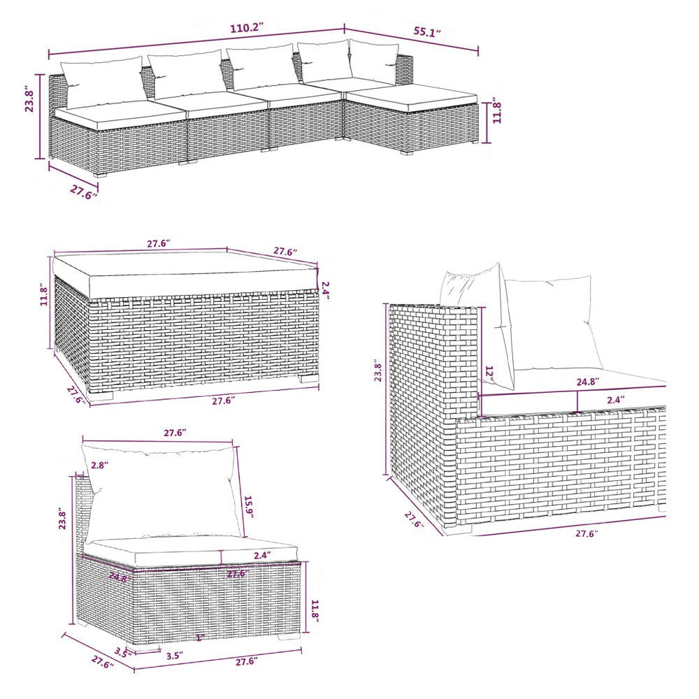 5pc Outdoor Modular Sectional Sofa Set Red Cushions Brown Rattan BM325614