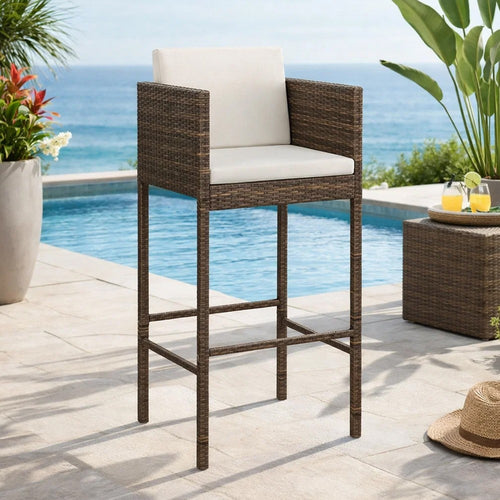 4pc Outdoor Barstool Chair Set, White Cushion, Brown Rattan, 30"