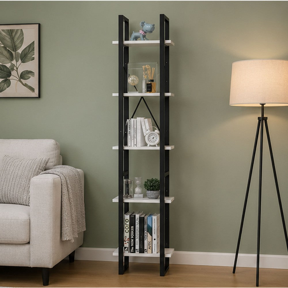 5 Tier Bookshelf Unit, Open White Wood Racks, 41" Black Metal Frame