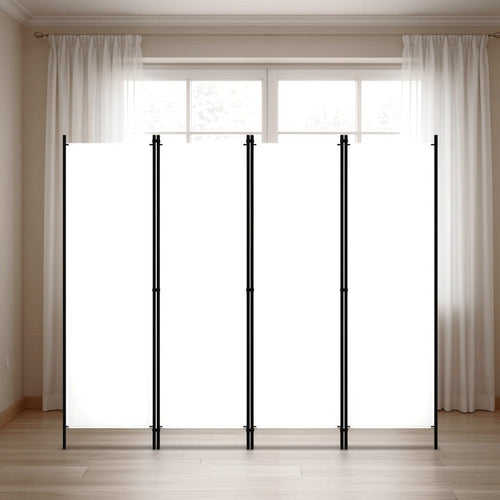 Folding Room Divider, 79x71" White Fabric, Black Iron Frame, 4 Panel