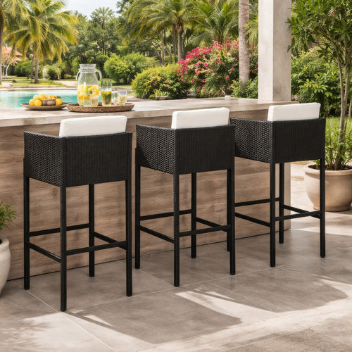 Outdoor Barstool Chair Set of 4, White Fabric Cushions, Black Rattan