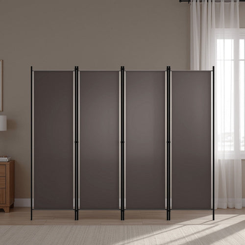 Freestanding Room Divider with 4 Panels, Dark Gray Fabric, 71x79 Iron