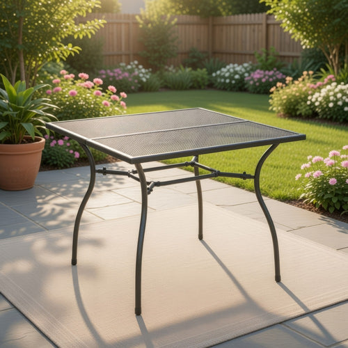 Outdoor Patio Dining Table, 35" Square Mesh Top Classic Gray Metal