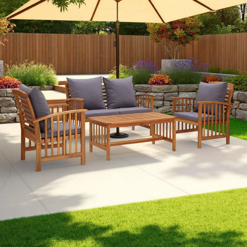 Mia 4pc Patio Lounge Set, 2 Chairs, Sofa, Table, Gray Cushions, Brown