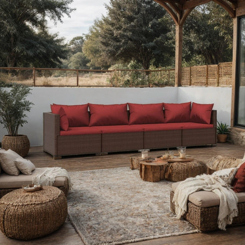 4pc Patio Sectional Sofa Set with 6 Pillows, 4 Cushions, Red Brown