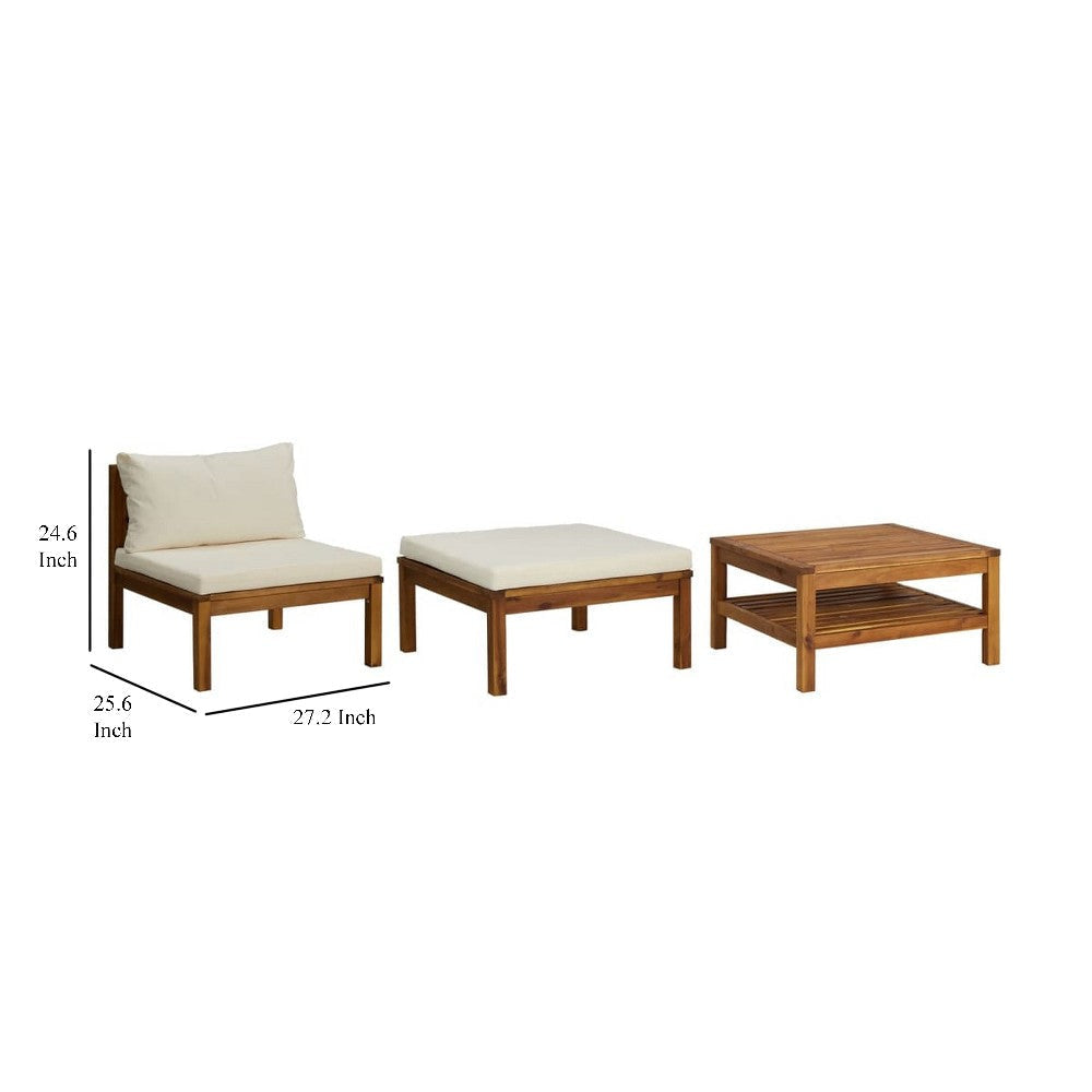 3pc Patio Set with Chair Ottoman Coffee Table Acacia Wood White BM325778
