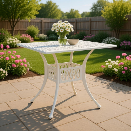 Outdoor Breakfast Dining Table, 35" Square, Lattice White Aluminium