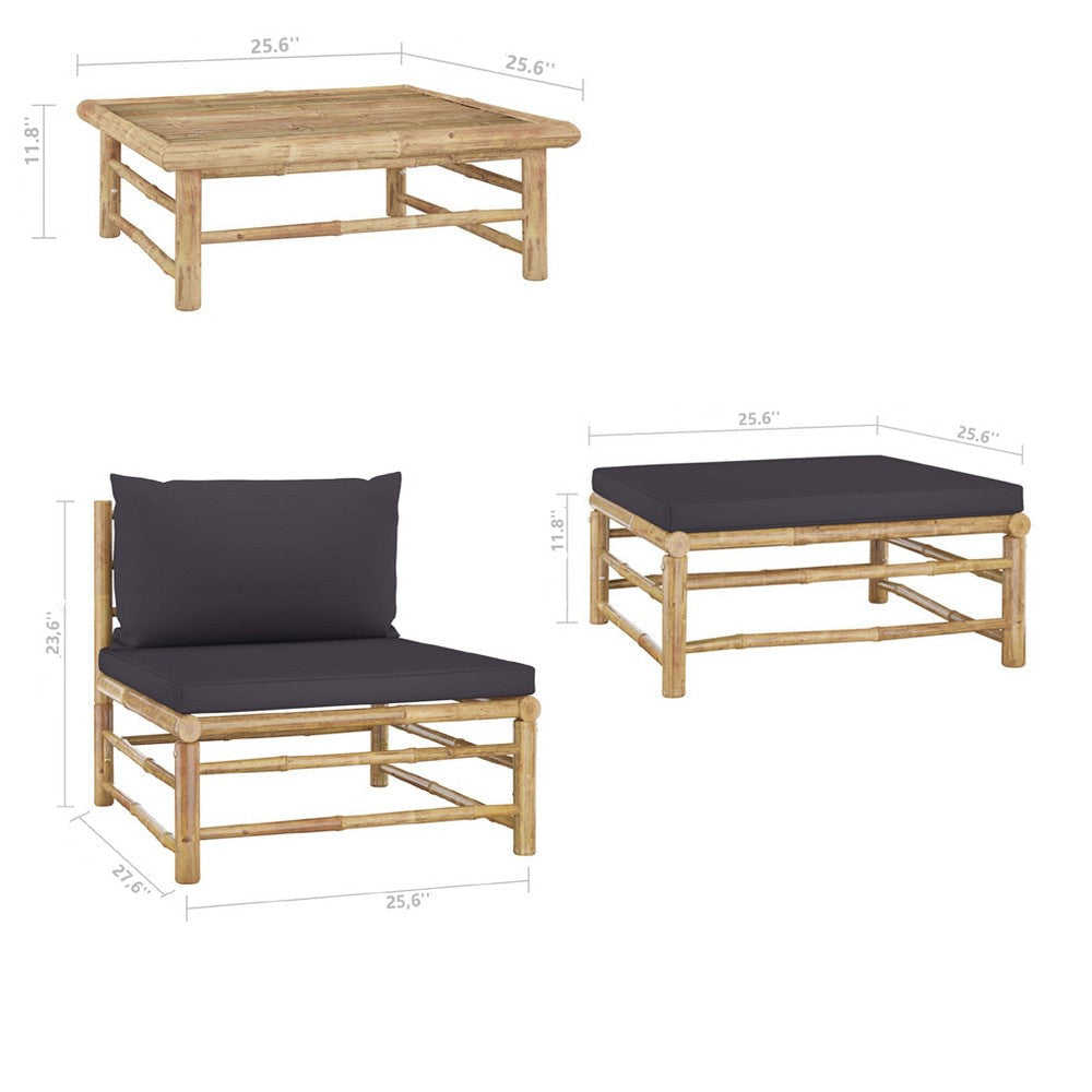 3pc Outdoor Modular Lounge Set Table and Ottoman Bamboo Dark Gray BM325800