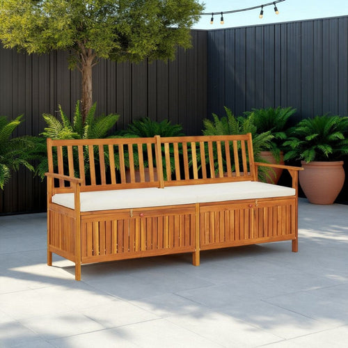 Outdoor Storage Bench, White Fabric Cushion, Brown Acacia Wood, 66"