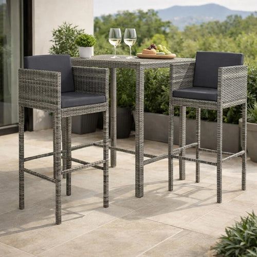 Lexy Outdoor Barstool Chairs Set of 4, Black Fabric and Gray Rattan