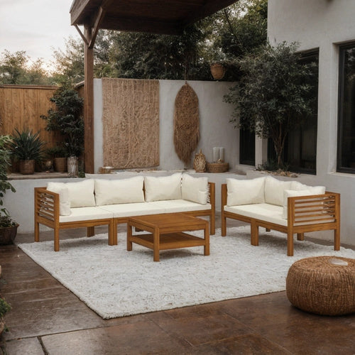 6pc Outdoor Modular Sofa Set, Cream Cushions, Brown Solid Acacia Wood