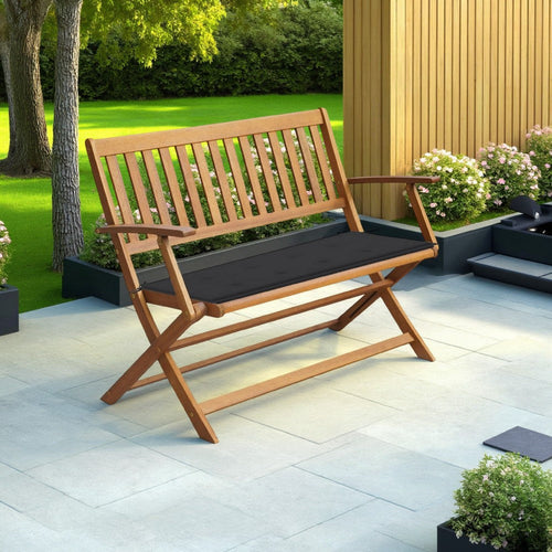 Jenny Outdoor Bench, Black Cushion, 47 Inch Brown Solid Acacia Wood