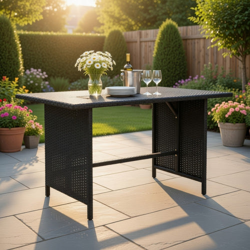 Outdoor Dining Table, Rectangular 43 Inch, Black Rattan, Steel Frame