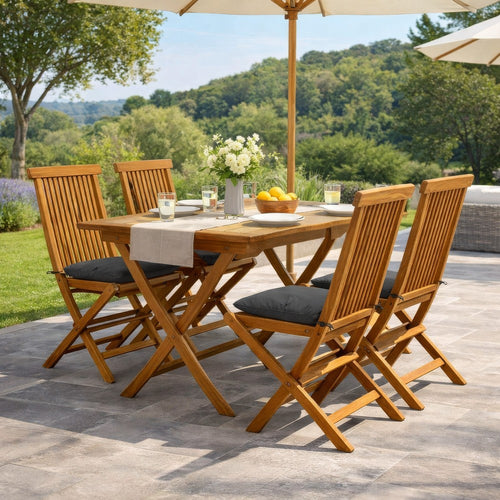 Outdoor Dining Folding Chairs Set of 4, Gray Cushions, Brown Teak Wood