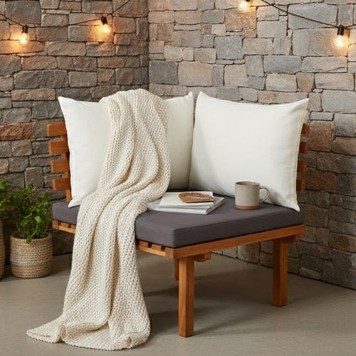 Roma Outdoor Modular Corner Chair, White Fabric, Solid Acacia Wood