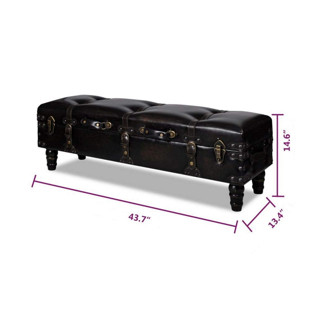 Storage Bench Ottoman, Solid Wood, Black Tufted Faux Leather, 44 Inch