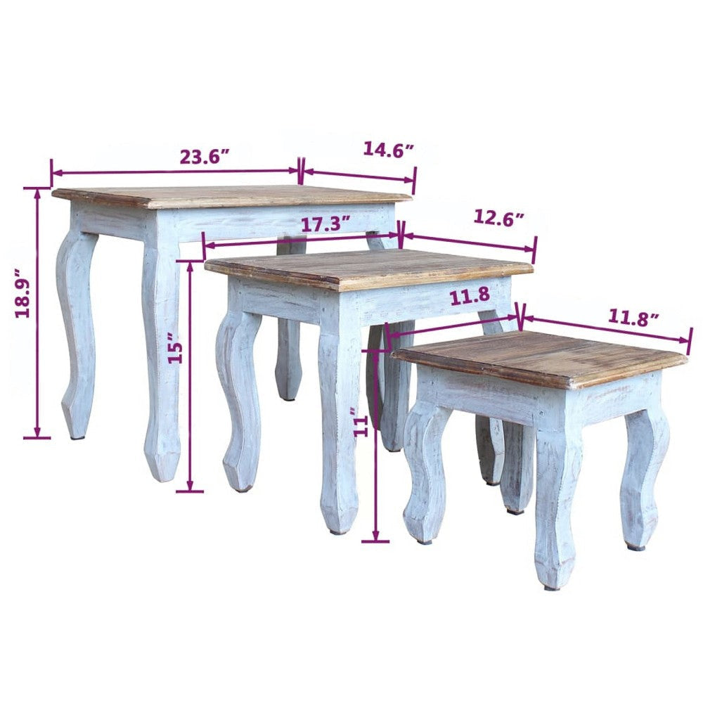 3pc Nesting End Table Set Light Blue Turned Legs Brown Reclaimed Wood BM325877
