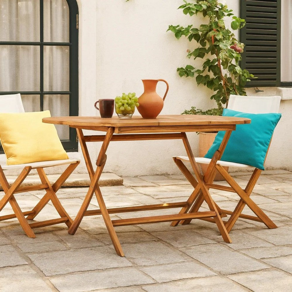 Outdoor Folding Dining Table, Slatted, X Legs, 63 Inch Brown Wood