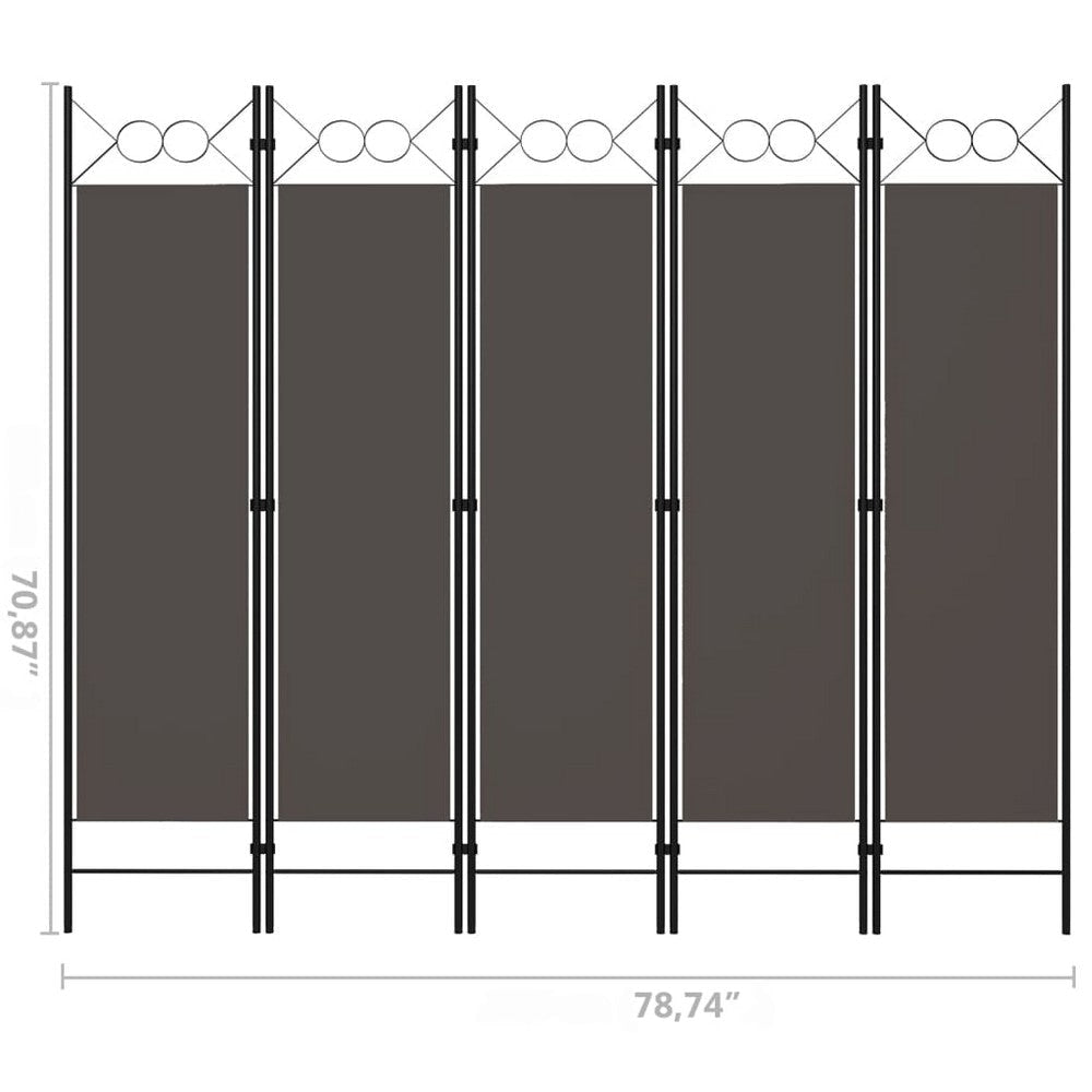 5 Panel Folding Room Divider Screen 79 Inch Tall Gray Iron Polyester BM325894