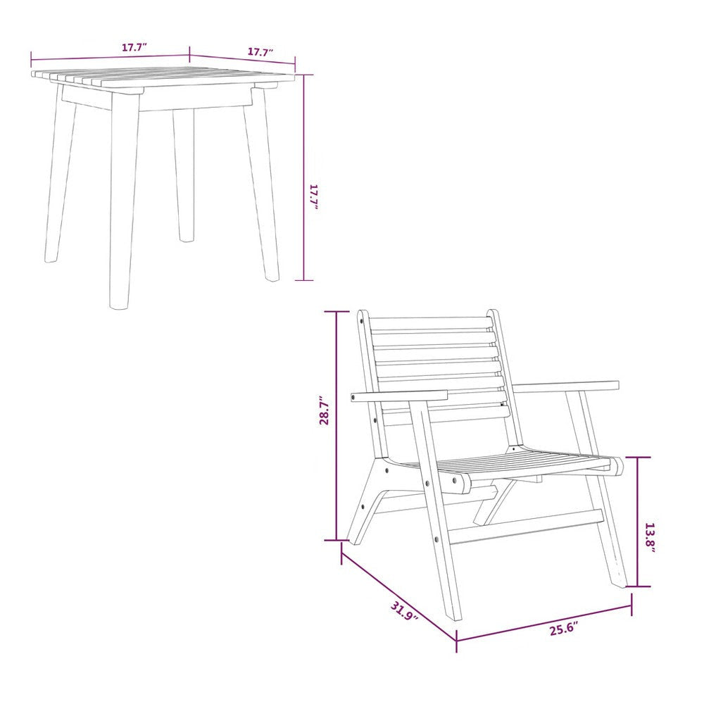 3pc Outdoor Tea Table Set 2 Chair Slatted Solid Brown Acacia Wood BM325897
