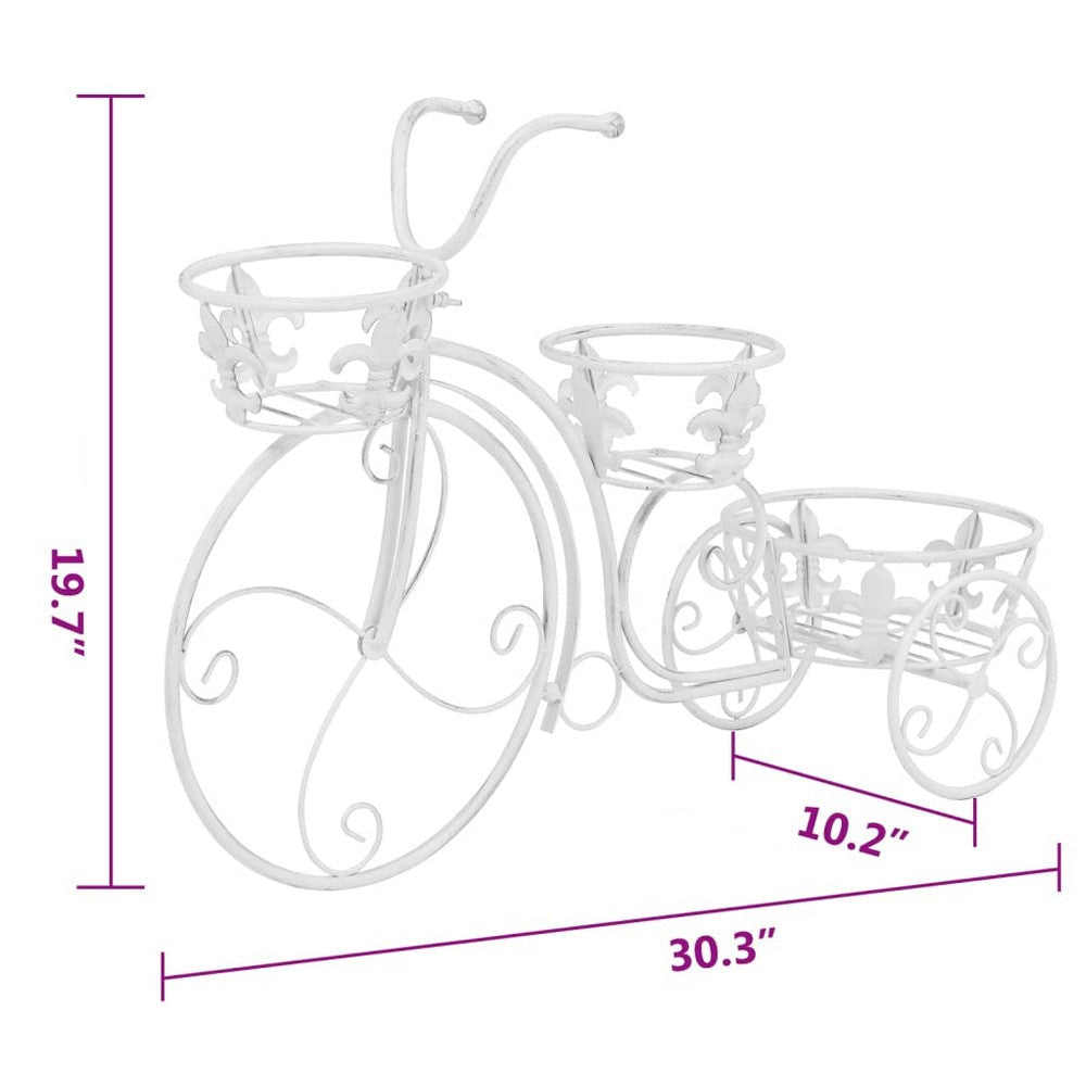 Outdoor Plant Stand Tricycle Shape Scrollwork 30 Inch White Metal BM325904