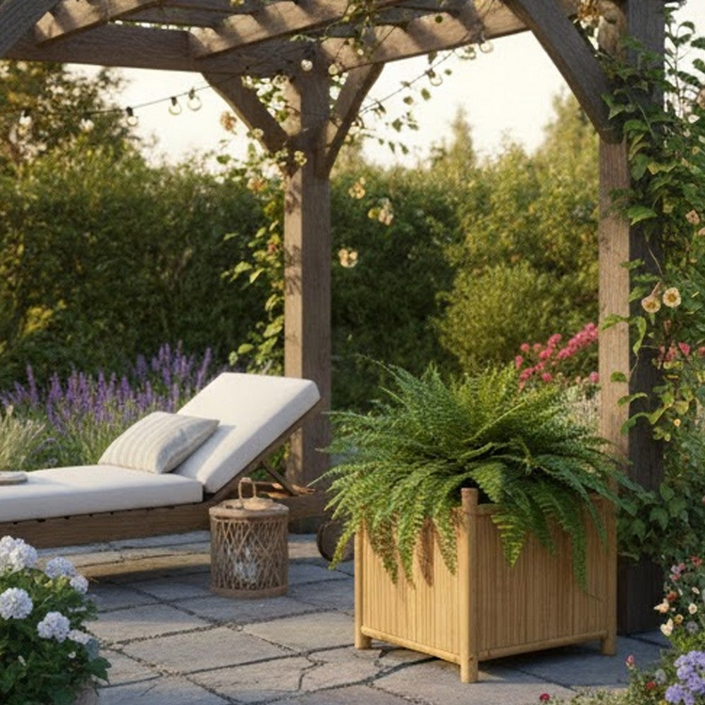Outdoor Planter, Raised Design, 20 Inch Natural Brown Bamboo Finish