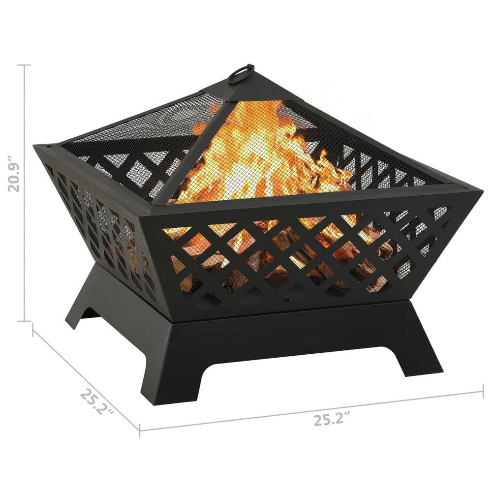 Outdoor Fire Pit with Poker n Mesh Cover 25 Inch Square Black Steel BM325926