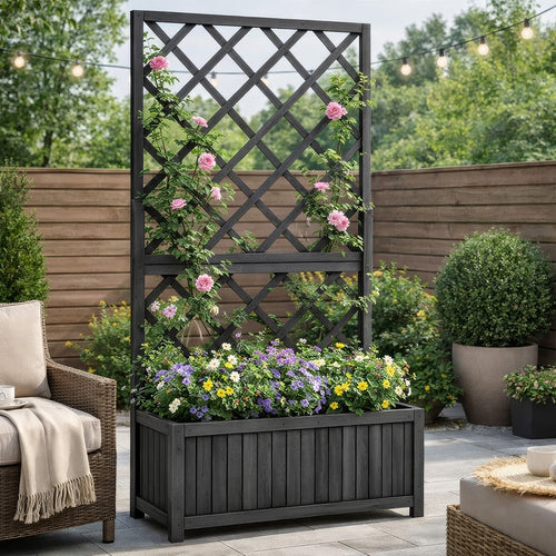 Madie Outdoor Garden Planter, Trellis Design, 53 Inch Black Fir Wood