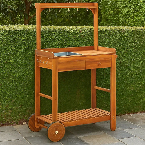 Outdoor Rolling Garden Cart on Wheels, Multi Purpose w Tray, Brown