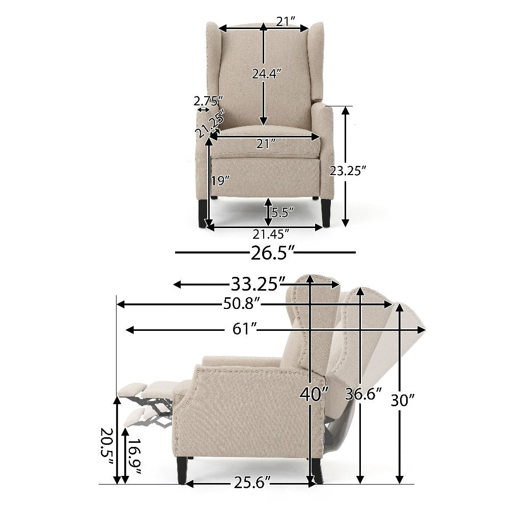 Nora Manual Recliner Lounge Chair Wingback Nailhead Trim Beige BM325973