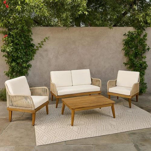 Oud 4pc Outdoor Sofa Set, Woven Rope Design, Natural Brown Acacia Wood