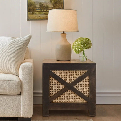 Accent Ottoman Table, 16" Square, Boho Style, Cane Wicker Frame