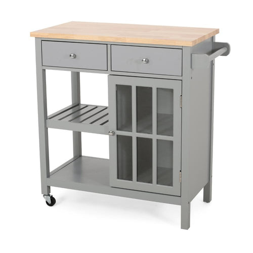 Rolling Kitchen Island Bar Cart, 1 Glass Door, Gray n Natural Brown