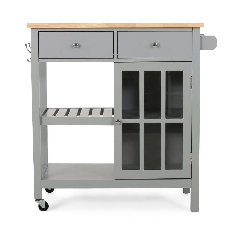 Rolling Kitchen Island Bar Cart 1 Glass Door Gray n Natural Brown BM325981
