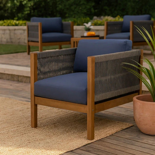 Club Lounge Chair, Woven Rattan Rope, Brown Acacia Wood, Gray Fabric