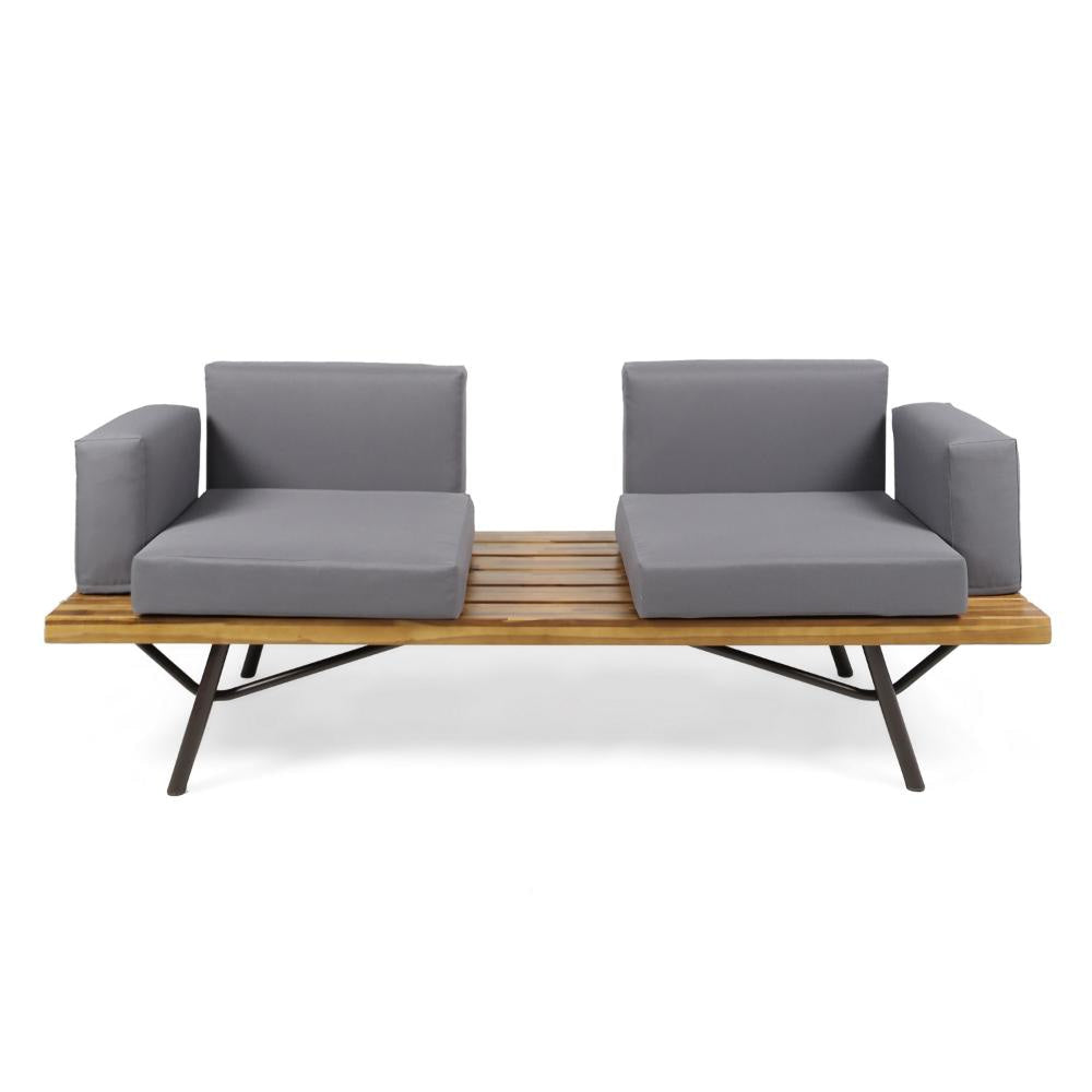 Outdoor 2 Seater Sofa Attached Center Slatted Table Black Iron Legs BM325987