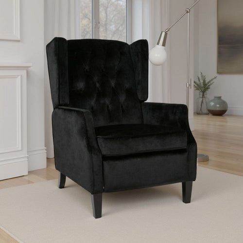 Octa Manual Recliner Chair, Button Tufted Wingback Design Black Velvet
