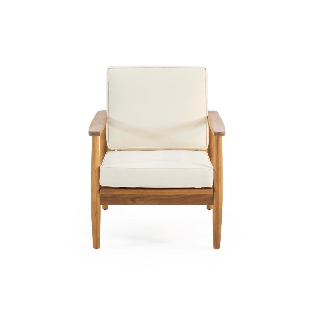 Accent Club Chair Ivory Fabric Cushions Brown Acacia Wood Frame BM326018